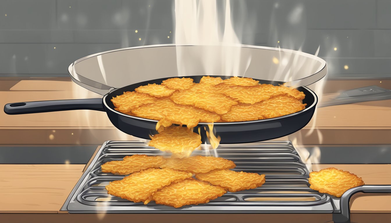 Golden hash browns sizzle in a hot frying pan, turning crispy and delicious