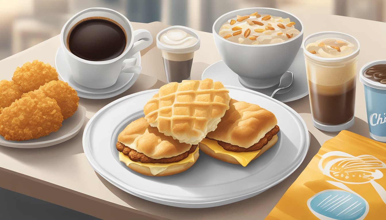 A frosted coffee sits next to a spread of breakfast items, including a chicken biscuit and hash browns, on a table at Chick-fil-A