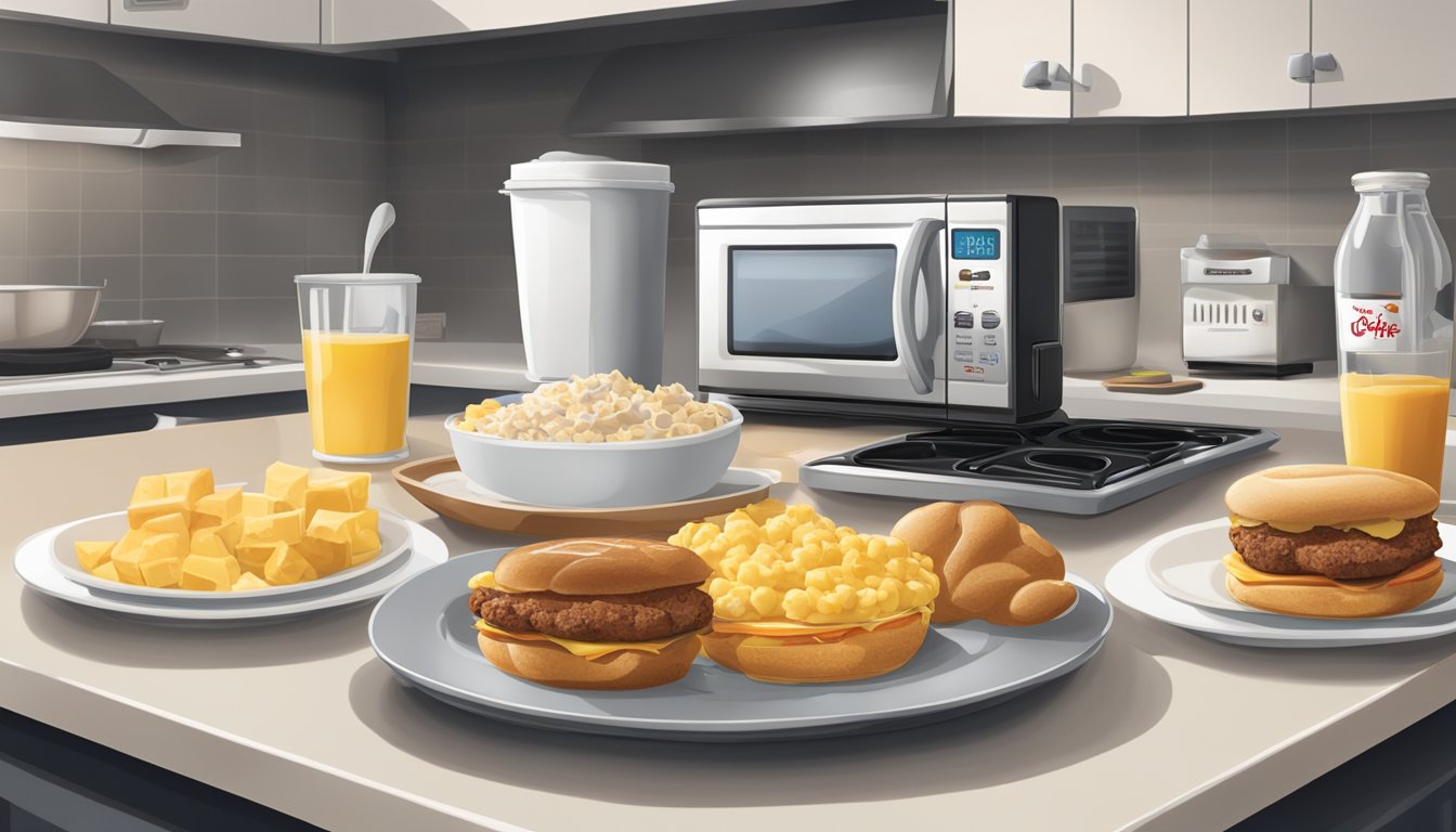 A kitchen counter with various Chick-fil-A breakfast items neatly arranged on plates and in storage containers, with a microwave and refrigerator in the background