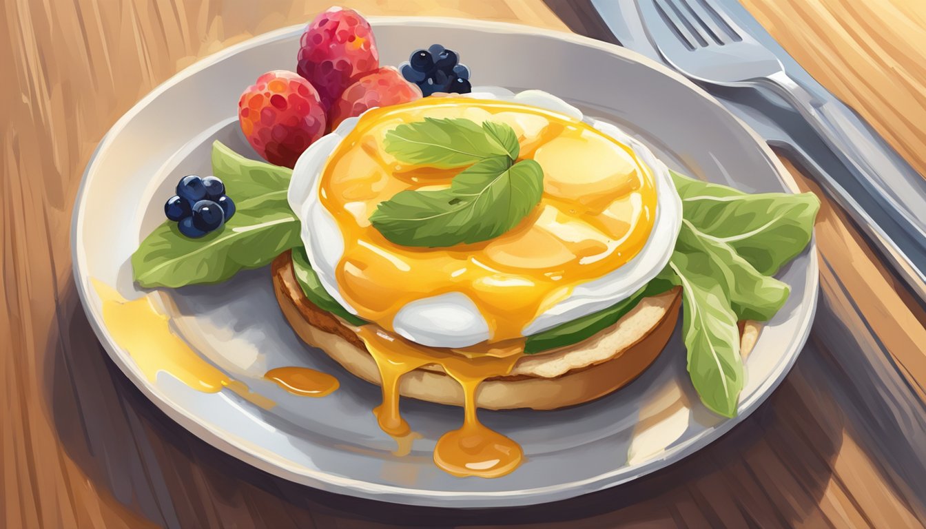 A sizzling Egg White Grill sits on a golden-brown toasted English muffin, topped with a perfectly melted slice of cheese and surrounded by fresh, vibrant fruit