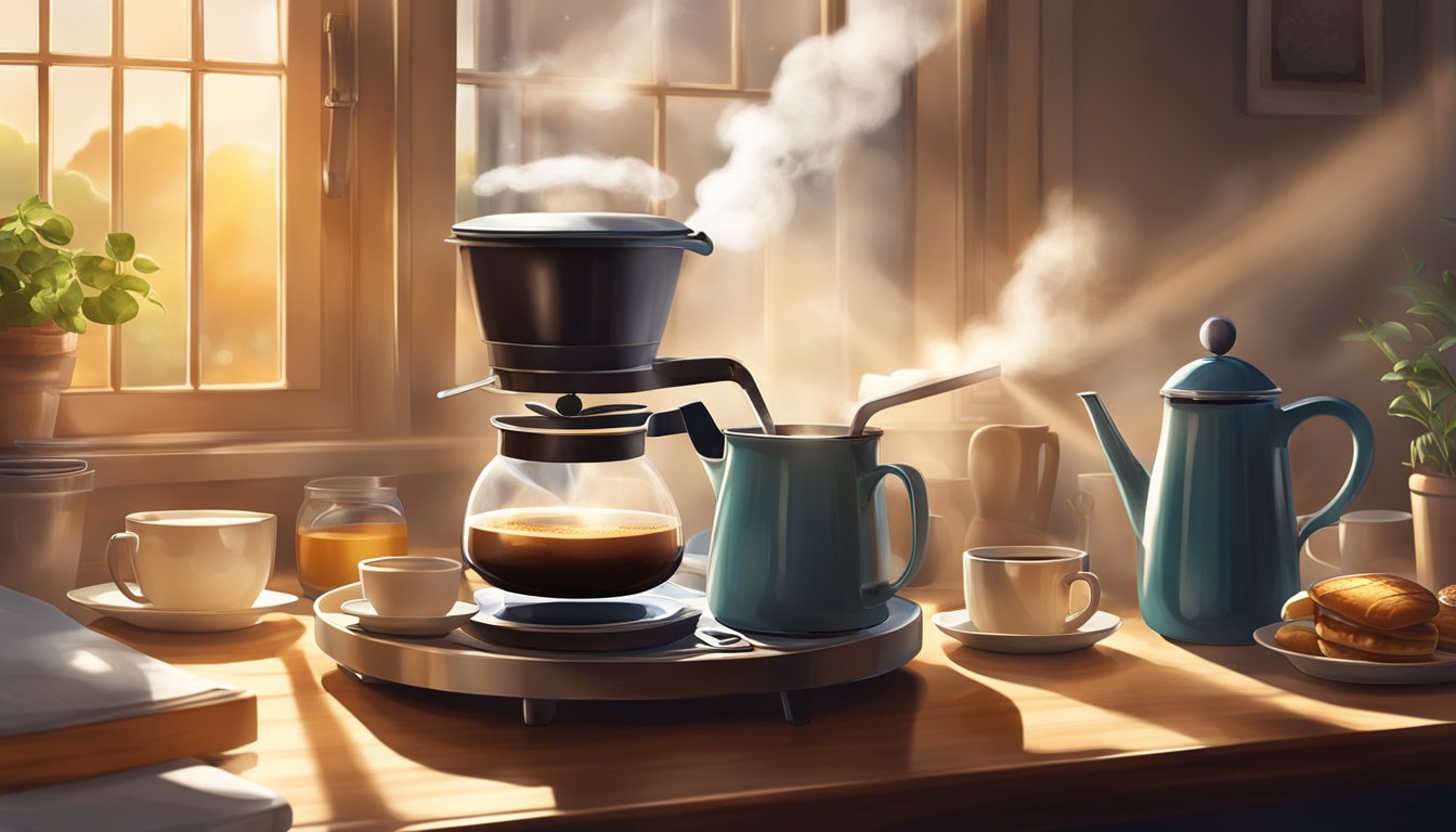 Steam rises from a freshly brewed pot of coffee, surrounded by breakfast items on a table. Sunlight filters through the window, casting a warm glow over the scene