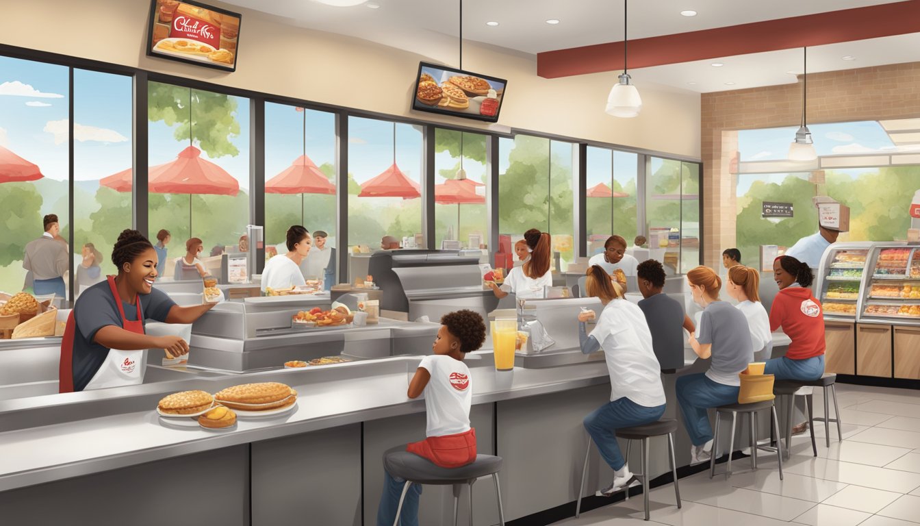 A cheerful morning scene at Chick-fil-A with a variety of breakfast alternatives displayed on the menu board. Customers ordering and saving time and money