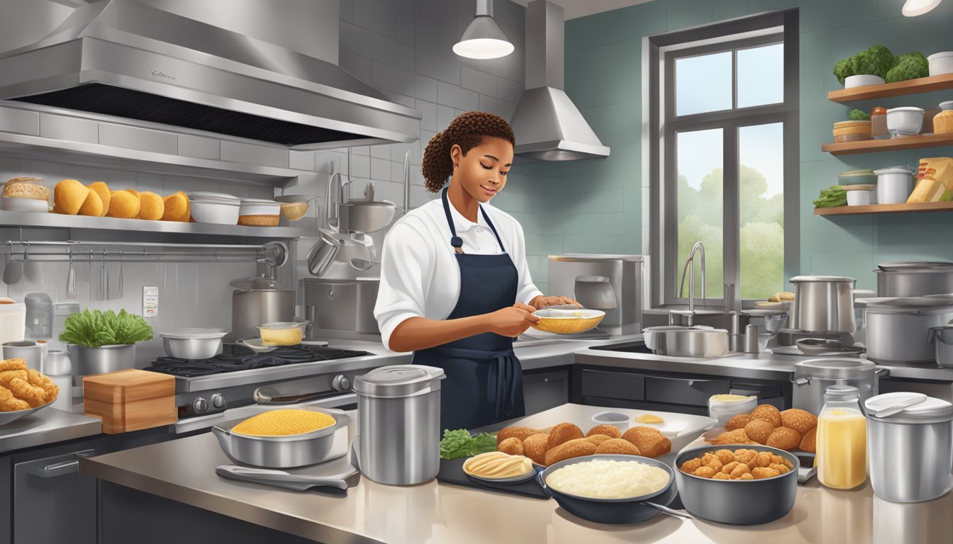 A Chick-fil-A employee preparing breakfast items in the kitchen, surrounded by various ingredients and cooking equipment