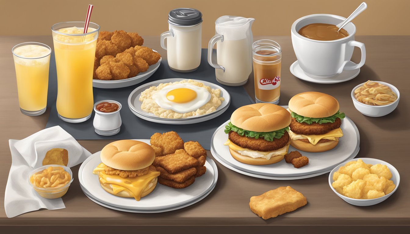 A table set with a variety of Chick-fil-A breakfast items, including biscuits, chicken sandwiches, and hash browns, with exclusive ingredients and flavors highlighted