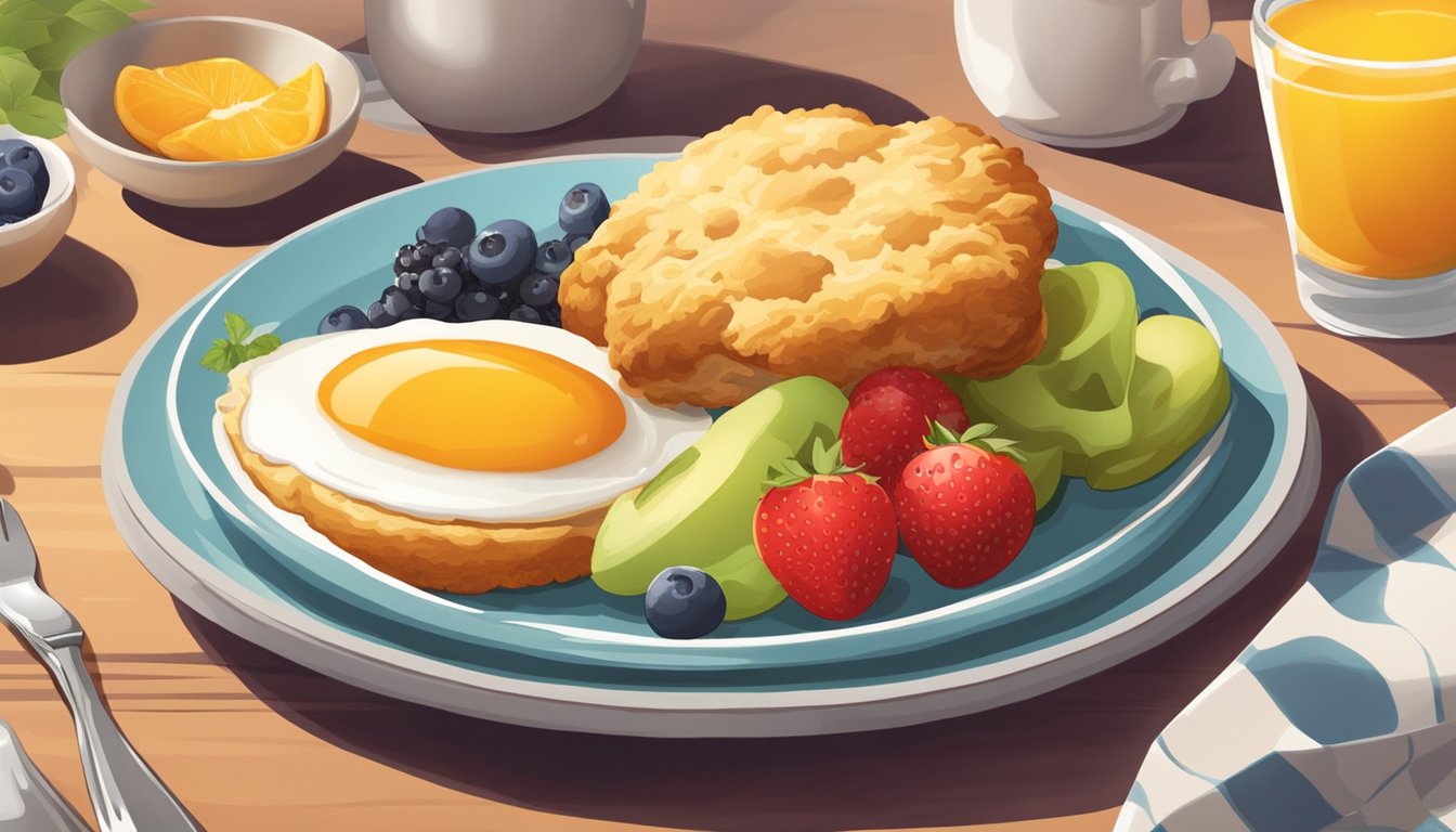 A colorful plate with a chicken biscuit, eggs, and fruit, surrounded by a warm and inviting breakfast setting