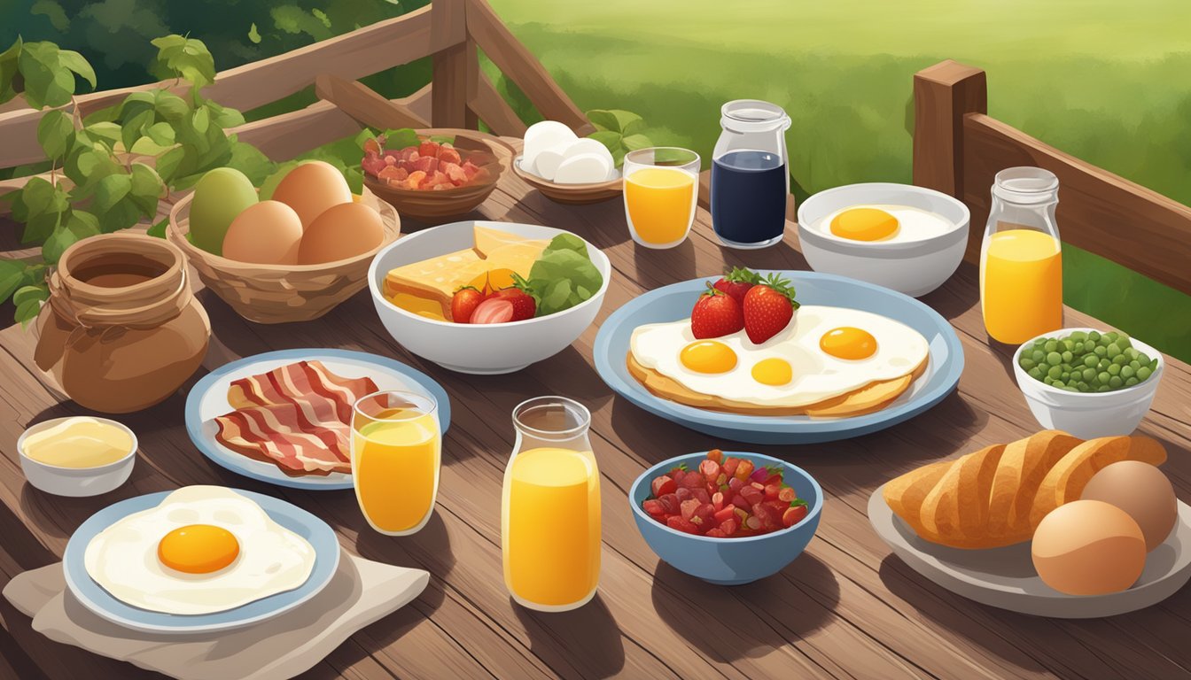 A farm scene with a variety of fresh, locally-sourced breakfast ingredients including eggs, bacon, and fruits displayed on a wooden table