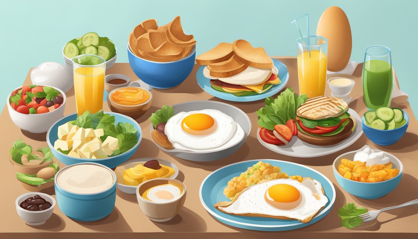 A colorful breakfast spread with a plate of Egg White Grill surrounded by various healthy food options