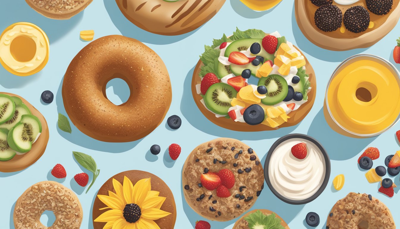 A colorful array of sunflower multigrain bagels arranged with various toppings and accompaniments, showcasing the diverse options available on Chick-fil-A's breakfast menu