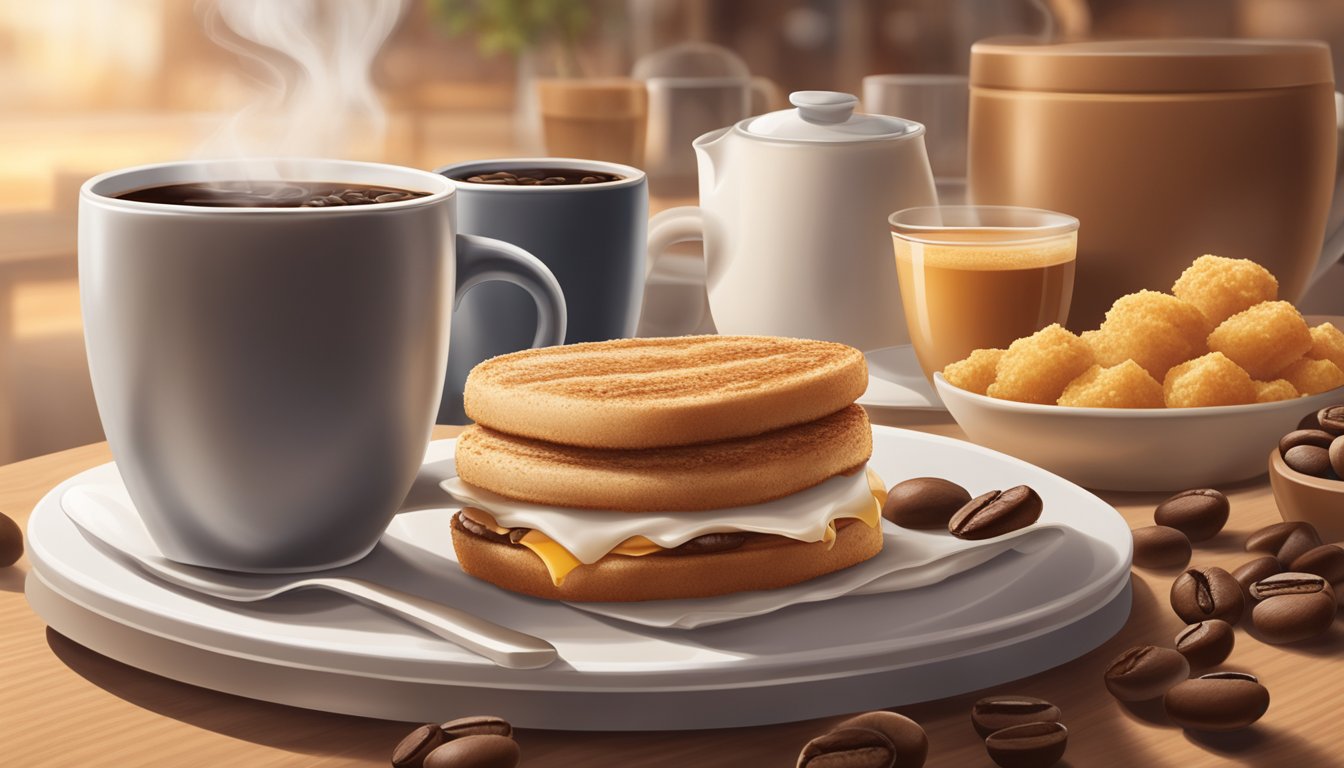 A steaming cup of Chick-fil-A breakfast coffee surrounded by high-quality coffee beans, with a warm and inviting atmosphere