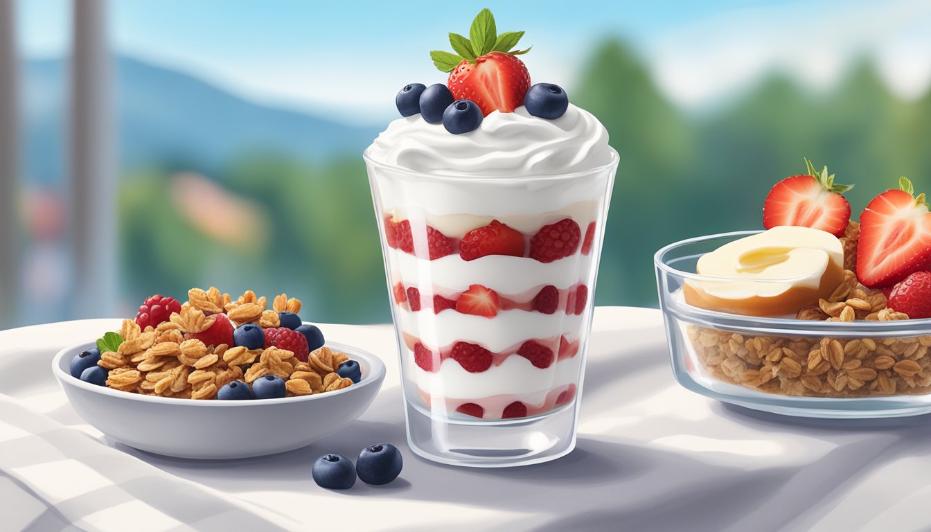 A glass parfait dish filled with layers of Greek yogurt, granola, and fresh berries sits on a white tablecloth with a Chick-fil-A breakfast menu in the background