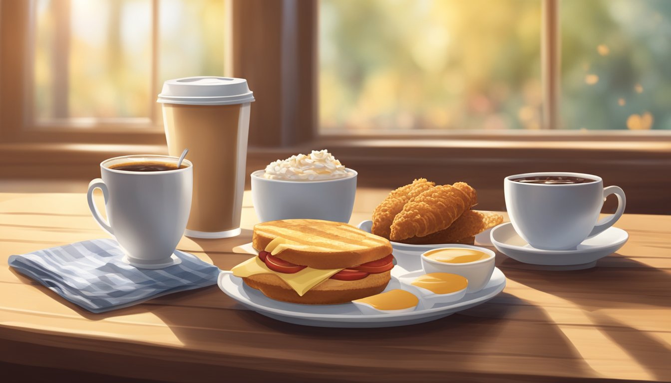 A sunny morning with a steaming cup of Chick-fil-A coffee on a wooden table, surrounded by a warm breakfast spread