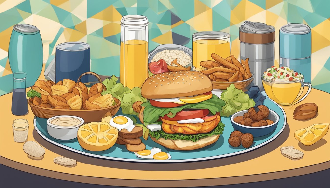 A plate with a grilled chicken sandwich, no bun, and gluten-free, surrounded by various breakfast items, symbolizing catering to different diets