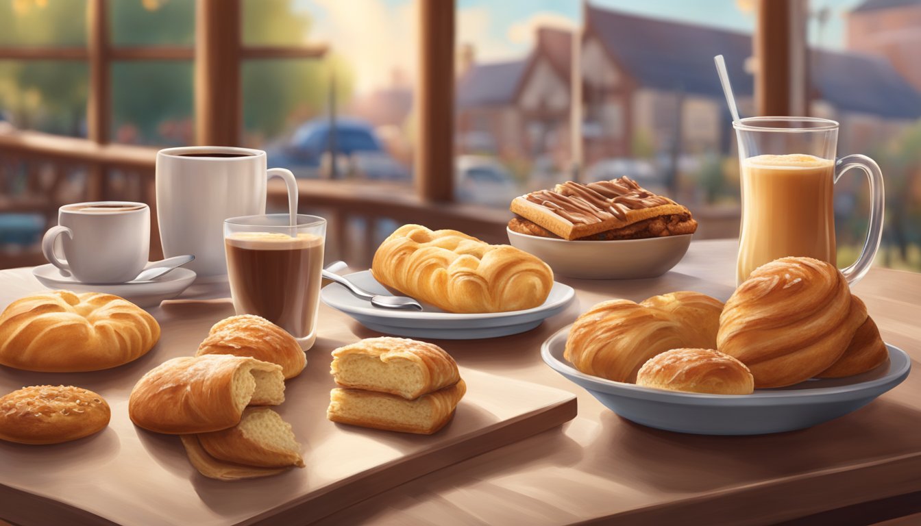 A cozy Chick-fil-A breakfast scene with a steaming cup of coffee, surrounded by warm pastries and a cheerful atmosphere