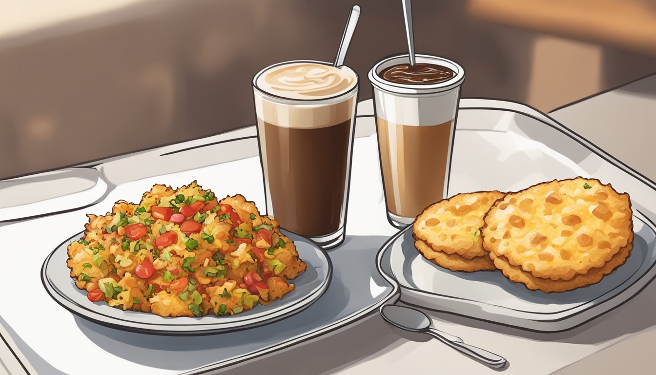 A plate of hash brown scramble topped with salsa, next to a cup of coffee and a warm biscuit on a tray