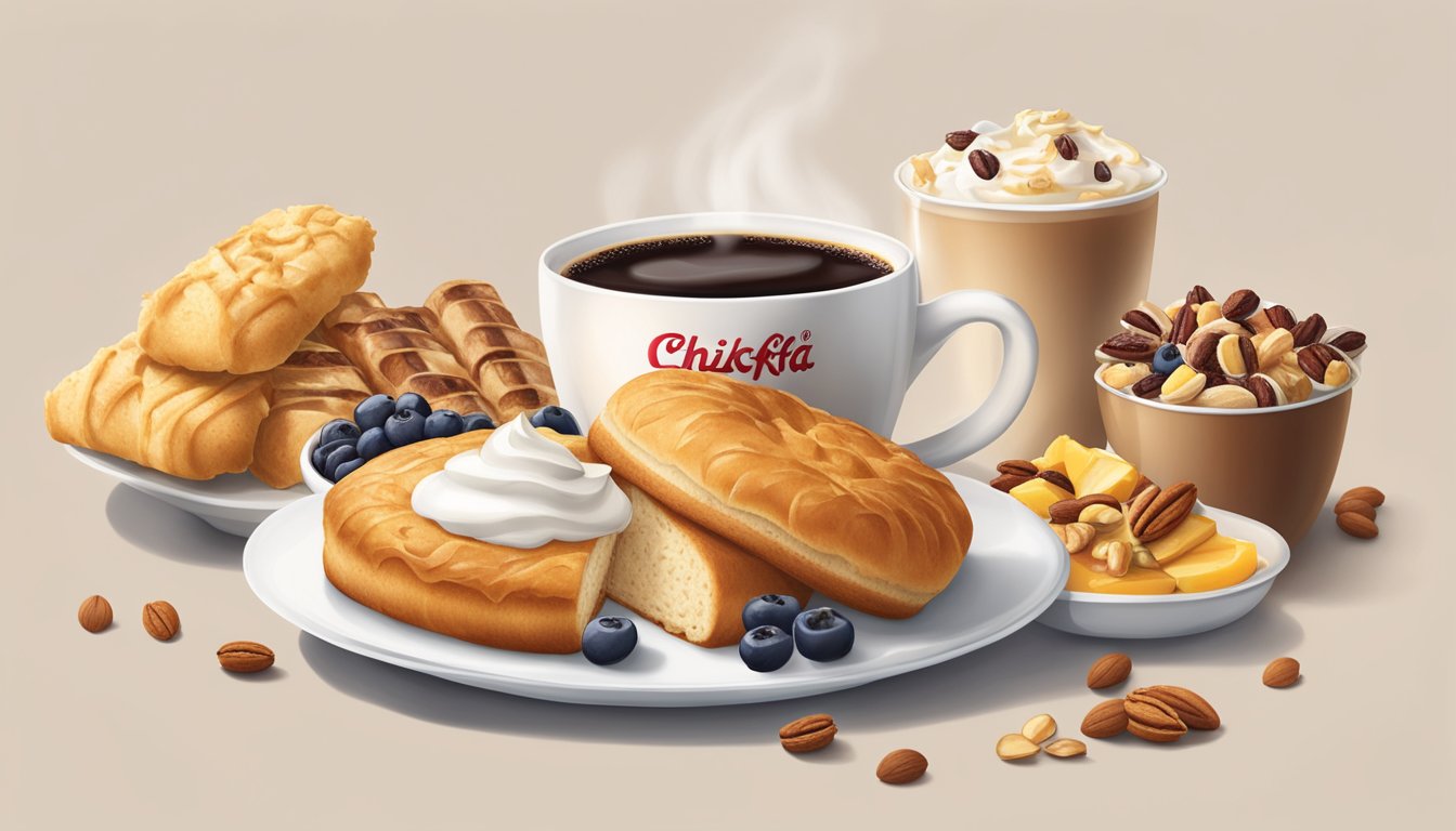 A steaming cup of Chick-fil-A breakfast coffee surrounded by a spread of freshly baked pastries and a vibrant assortment of fruits and nuts