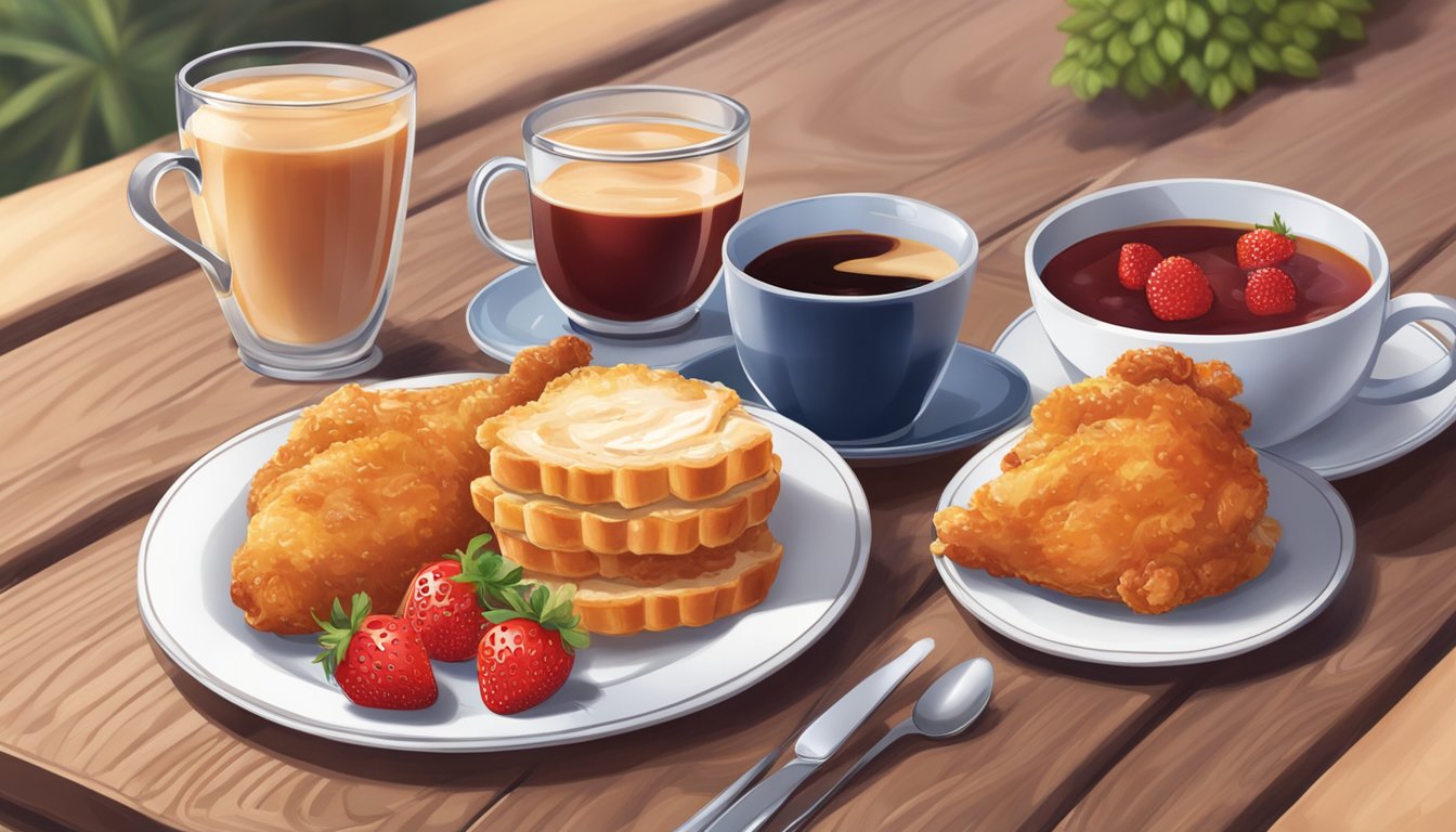 A plate of Chicken Minis with dollops of strawberry jam, alongside a cup of coffee and a side of fruit, set on a wooden breakfast table