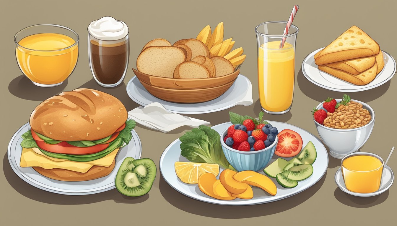 A breakfast menu with various food items and symbols representing different dietary options, such as gluten-free, low-carb, vegetarian, and dairy-free