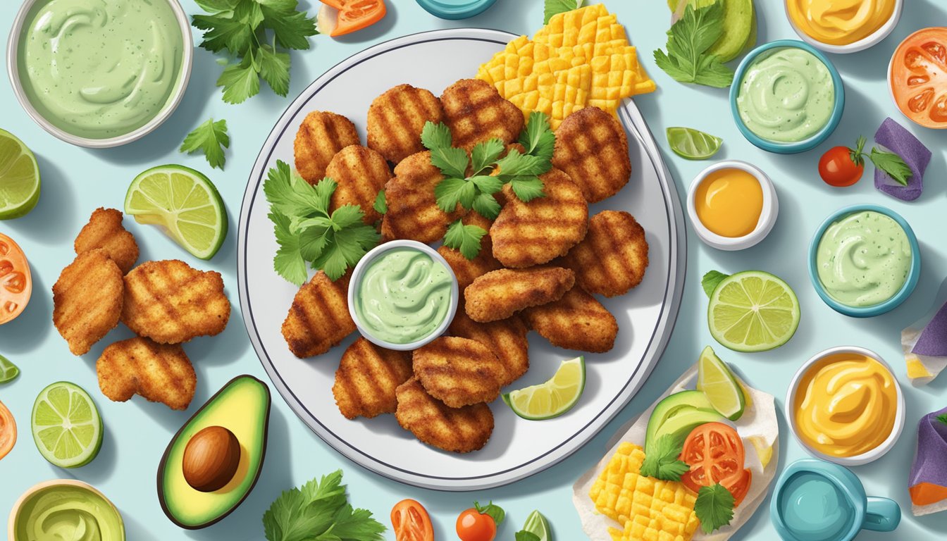 A plate of grilled nuggets with avocado lime ranch, surrounded by colorful breakfast ingredients