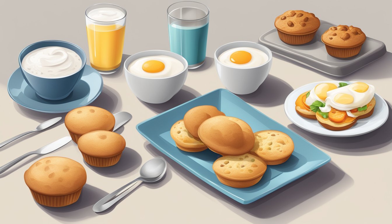 A breakfast table with a variety of allergen-friendly options such as gluten-free muffins, dairy-free yogurt, and egg-free breakfast sandwiches