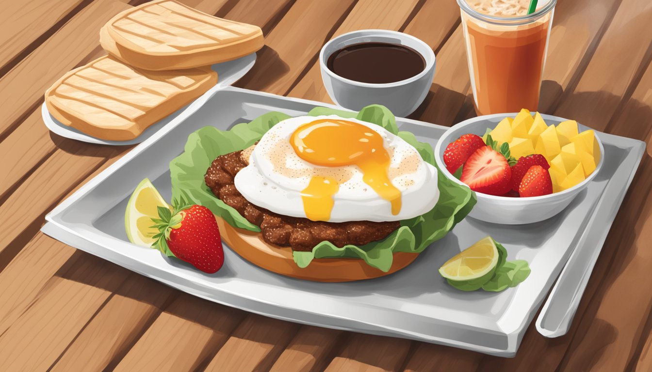 A steaming Egg White Grill with Sriracha sauce, surrounded by fresh fruit and a hot coffee, sits on a wooden table with a Chick-fil-A logo