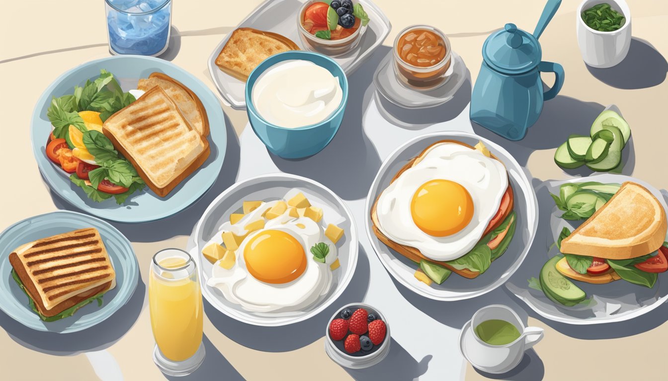 A table set with an Egg White Grill sandwich, a Greek yogurt parfait, and various breakfast items, ready to be enjoyed