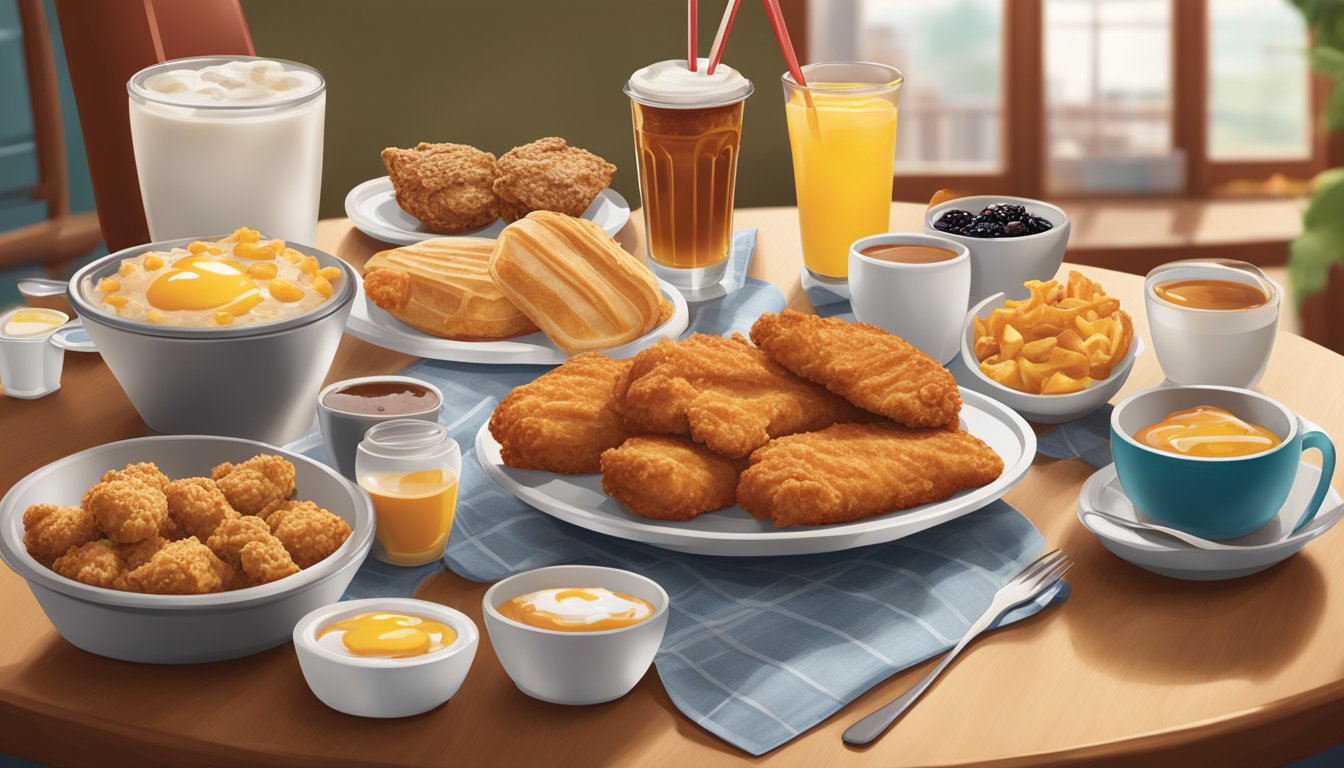 A table set with a variety of unconventional breakfast items from Chick-fil-A, including combinations like spicy chicken and syrup, illustrated in a colorful and appetizing manner