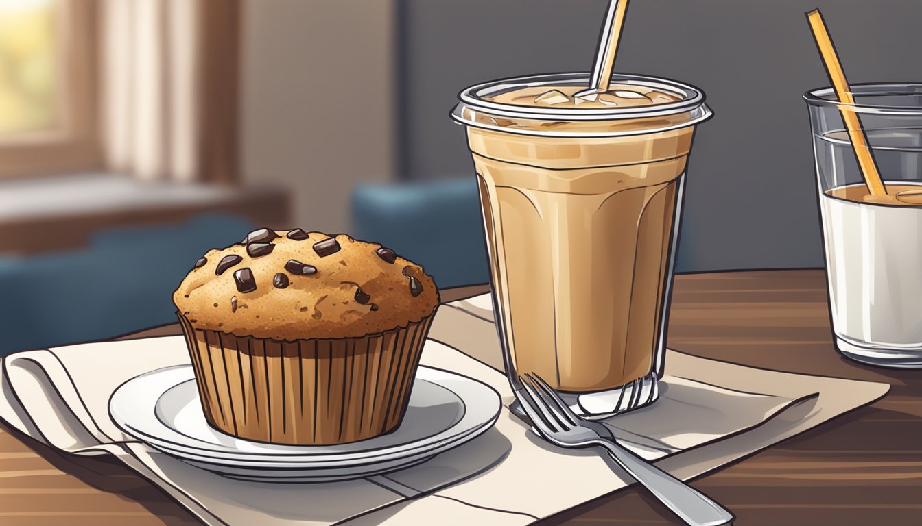 A breakfast muffin and iced coffee on a table, with a napkin and a fork next to them