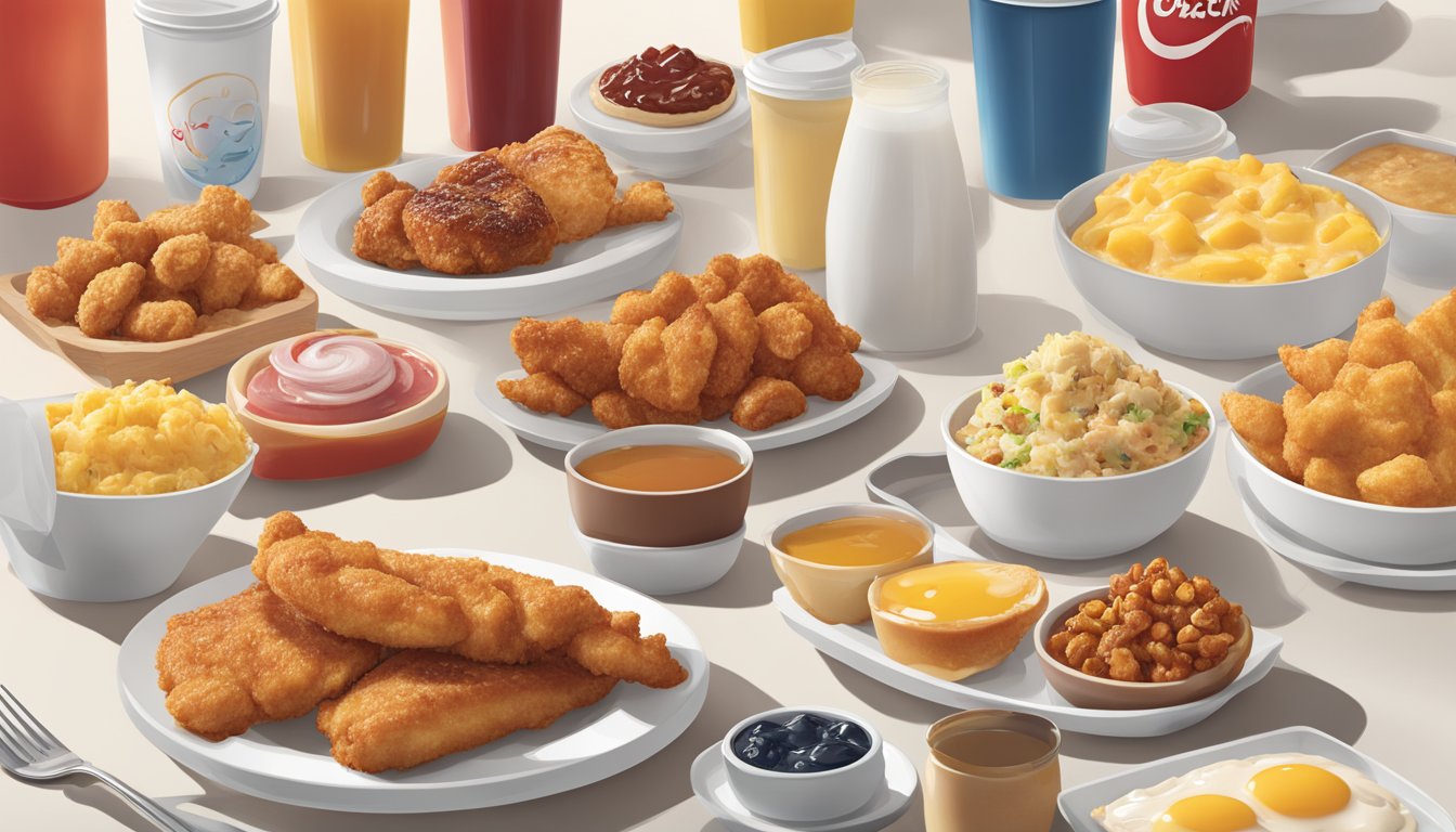 A colorful array of unique breakfast dishes at Chick-fil-A, including unexpected flavor combinations like spicy chicken and maple syrup