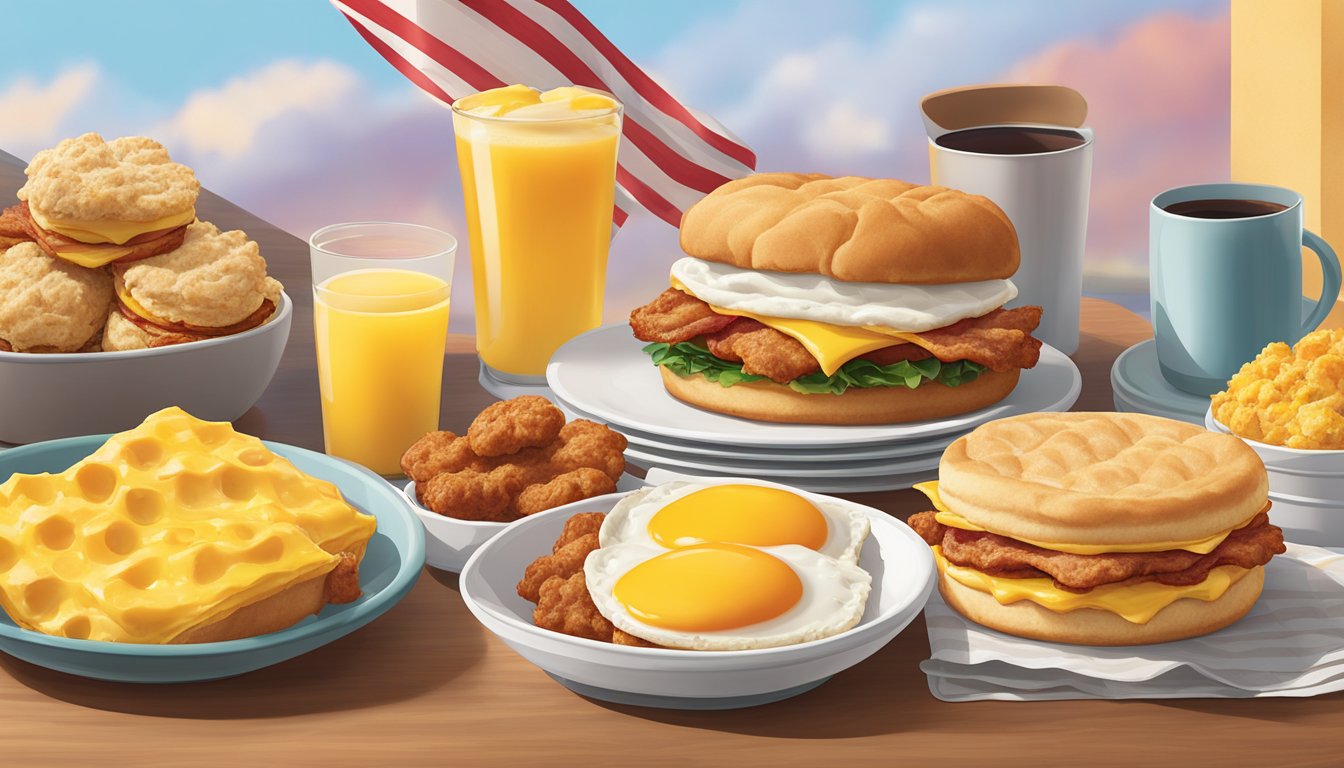 A mouth-watering bacon, egg, and cheese biscuit sits next to a colorful array of 9 Chick-fil-A breakfast pairings, with a radiant sun in the background