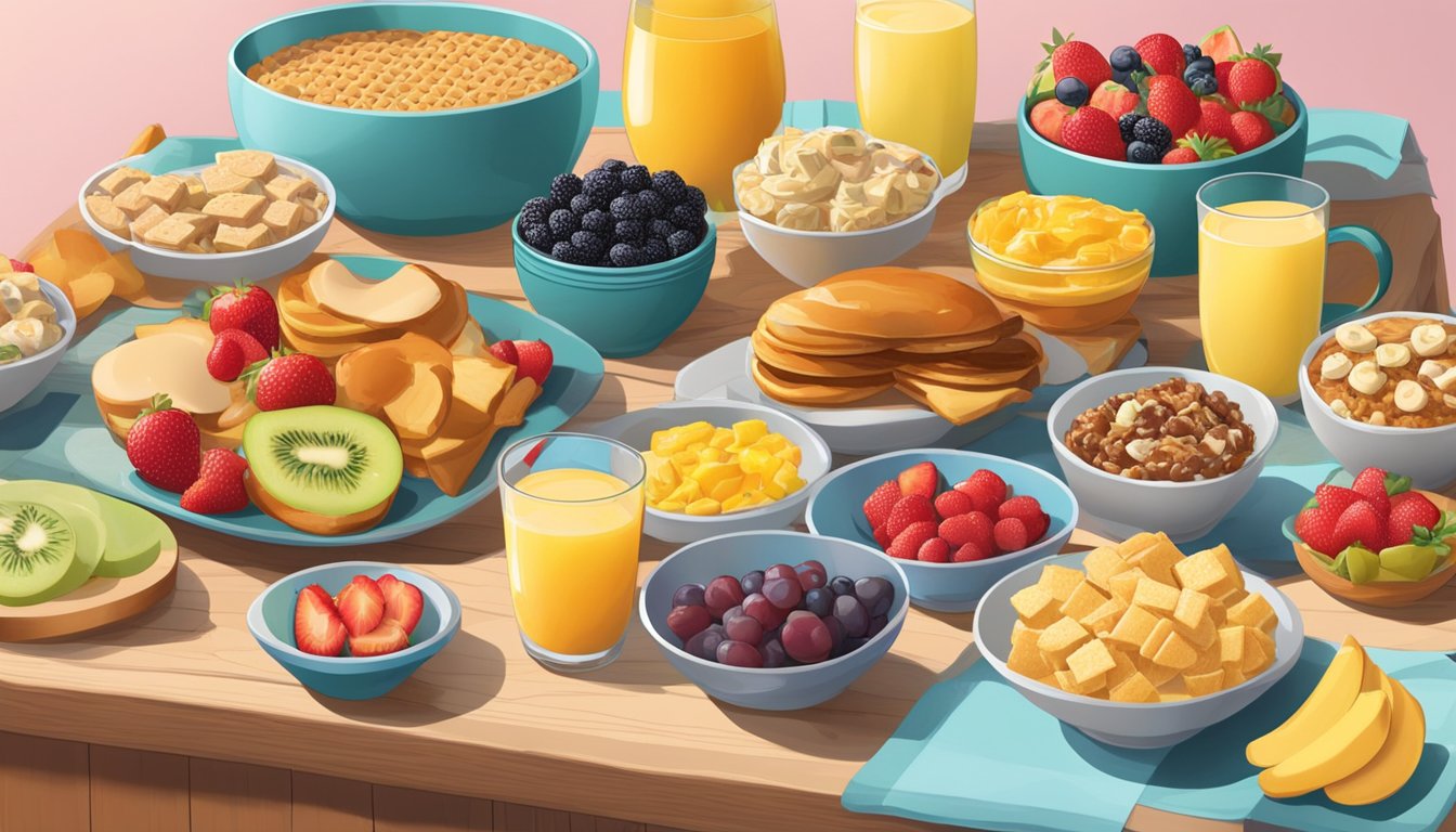 A colorful breakfast spread with Chick-n-Minis and a fruit cup, surrounded by various breakfast items to cater to different morning preferences