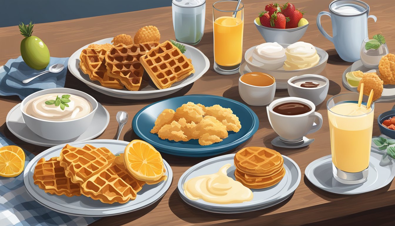 A colorful array of unexpected food pairings, such as chicken and waffles, fruit and yogurt, and biscuits with gravy, arranged on a table