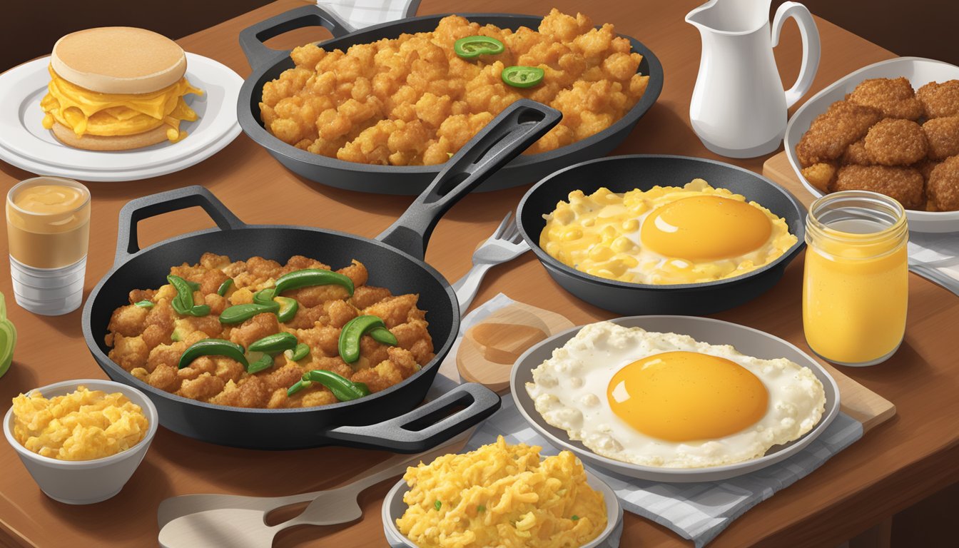 A sizzling skillet with golden hash browns, scrambled eggs, and spicy jalapeños, surrounded by a variety of breakfast menu items from Chick-fil-A