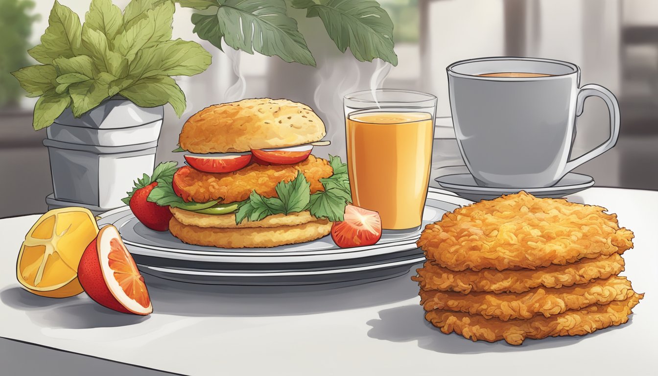 A steaming spicy chicken biscuit sits next to golden hash browns on a white plate, surrounded by a colorful array of fresh fruit and a cup of hot coffee