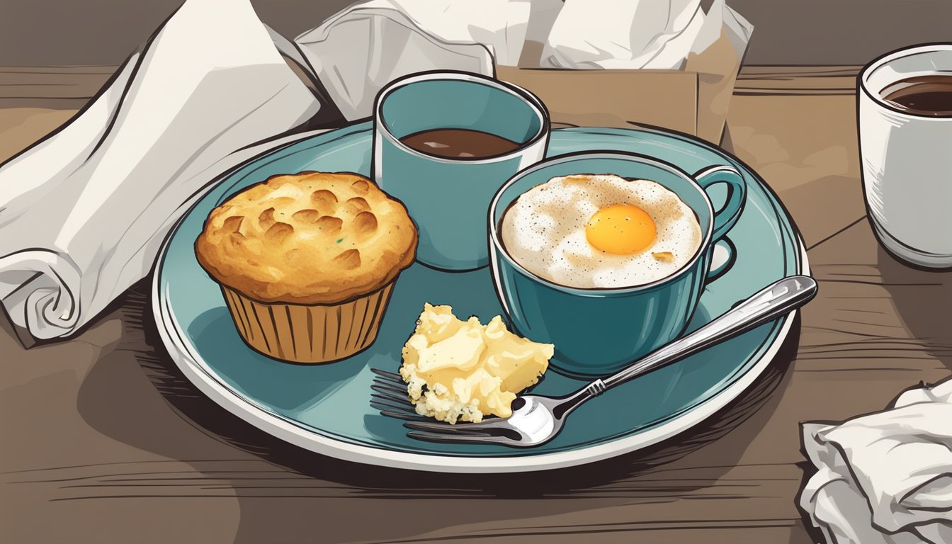 A steaming cup of coffee sits next to a savory four-cheese egg white muffin on a plate, with a napkin and utensils nearby