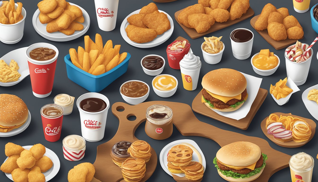 A table with 13 different fast food breakfast items, each inspired by Chick-fil-A's iconic chicken biscuits, arranged in a visually appealing display