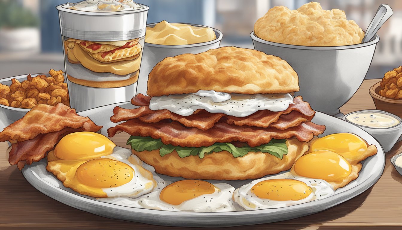 A sizzling bacon, egg, and cheese biscuit with a dollop of ranch on a Chick-fil-A breakfast menu, surrounded by other tantalizing menu modifications