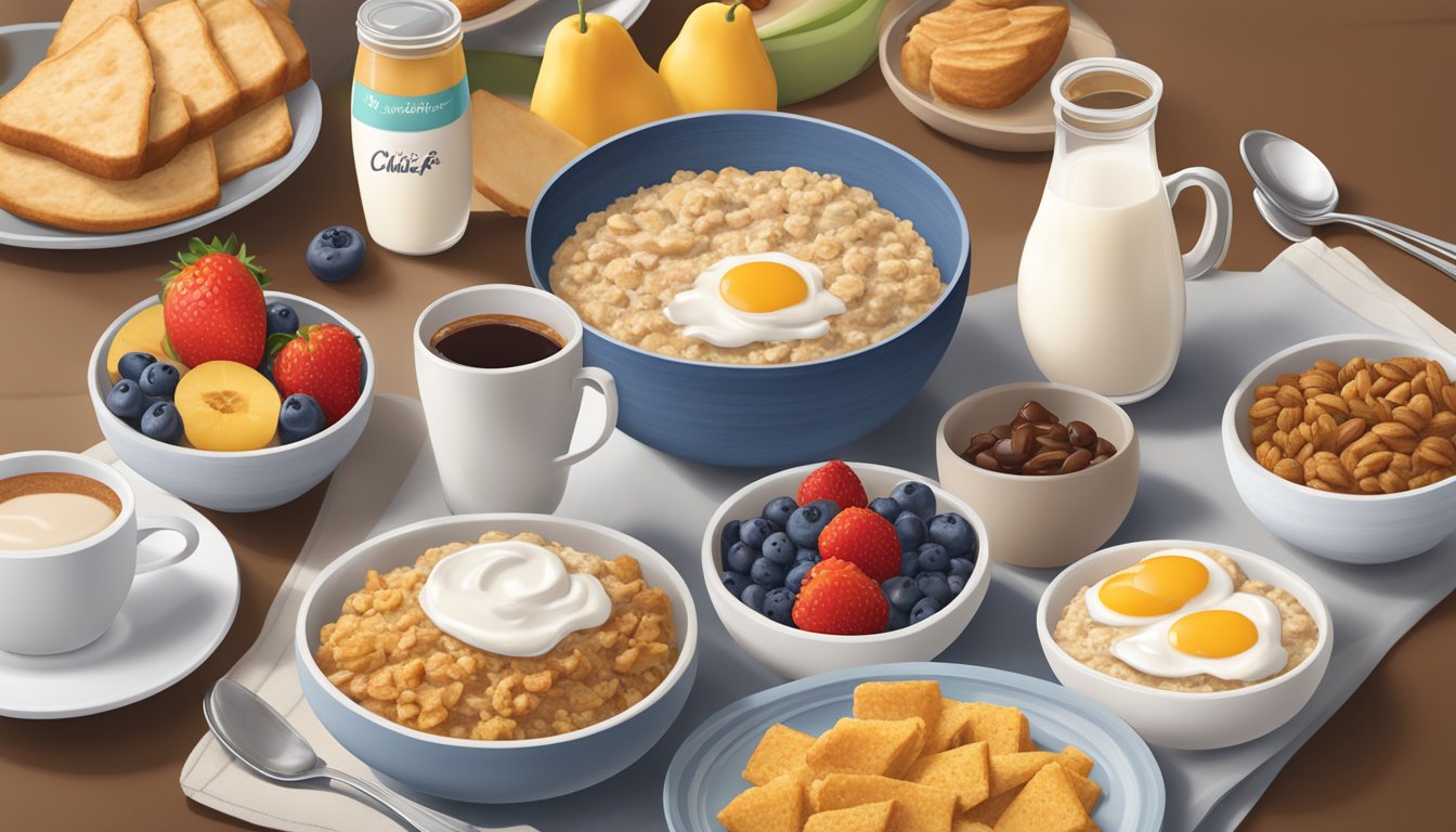 A cozy breakfast table set with a bowl of Chick-fil-A Chicken Multigrain Oatmeal, accompanied by a variety of breakfast pairings, such as fruit, coffee, and yogurt