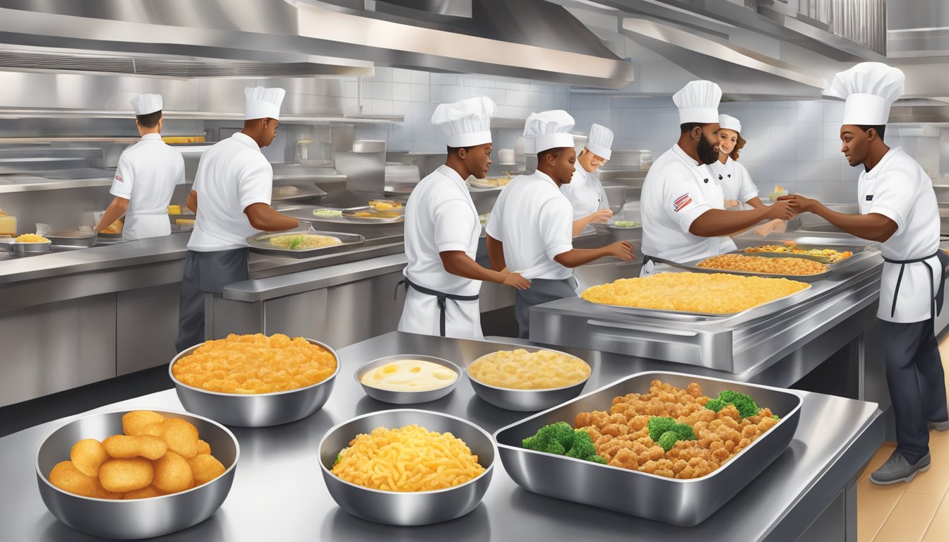 A bustling fast food restaurant kitchen with chefs preparing various breakfast bowls, including the popular Hash Brown Scramble Bowl, as other chains take inspiration from Chick-fil-A's breakfast menu