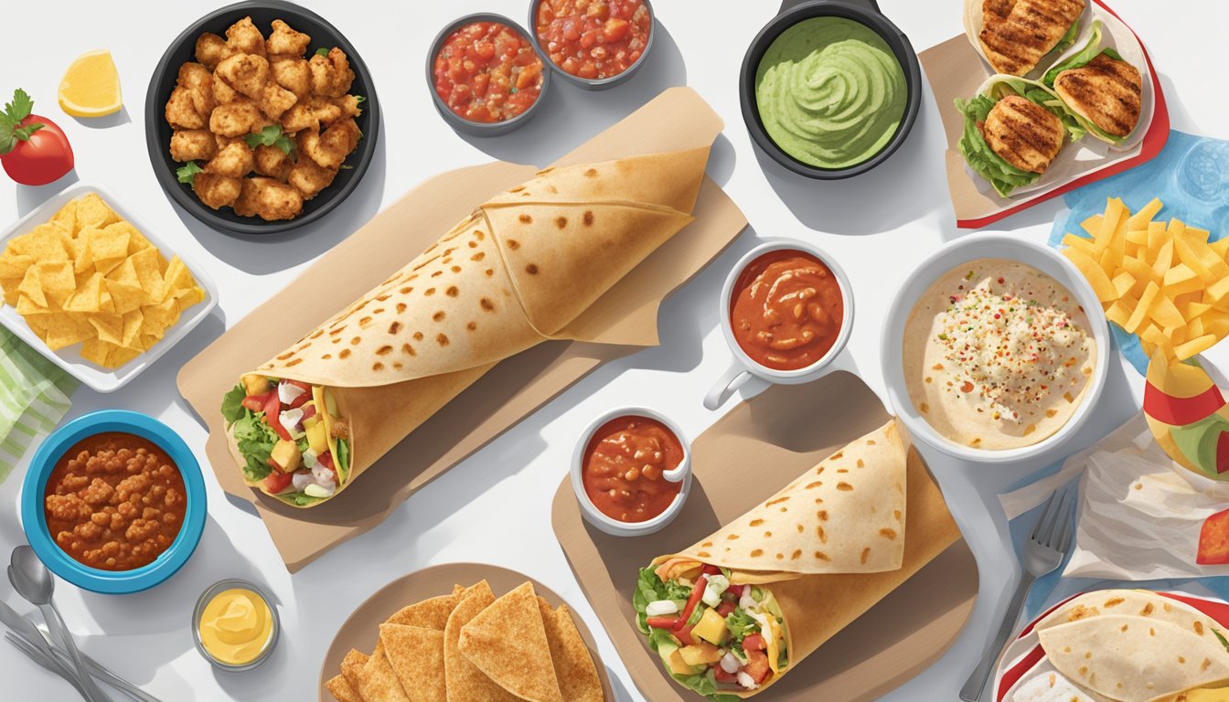 A colorful, fresh Grilled Chicken Cool Wrap with vibrant salsa, surrounded by 12 Chick-fil-A breakfast menu items, arranged in an enticing display