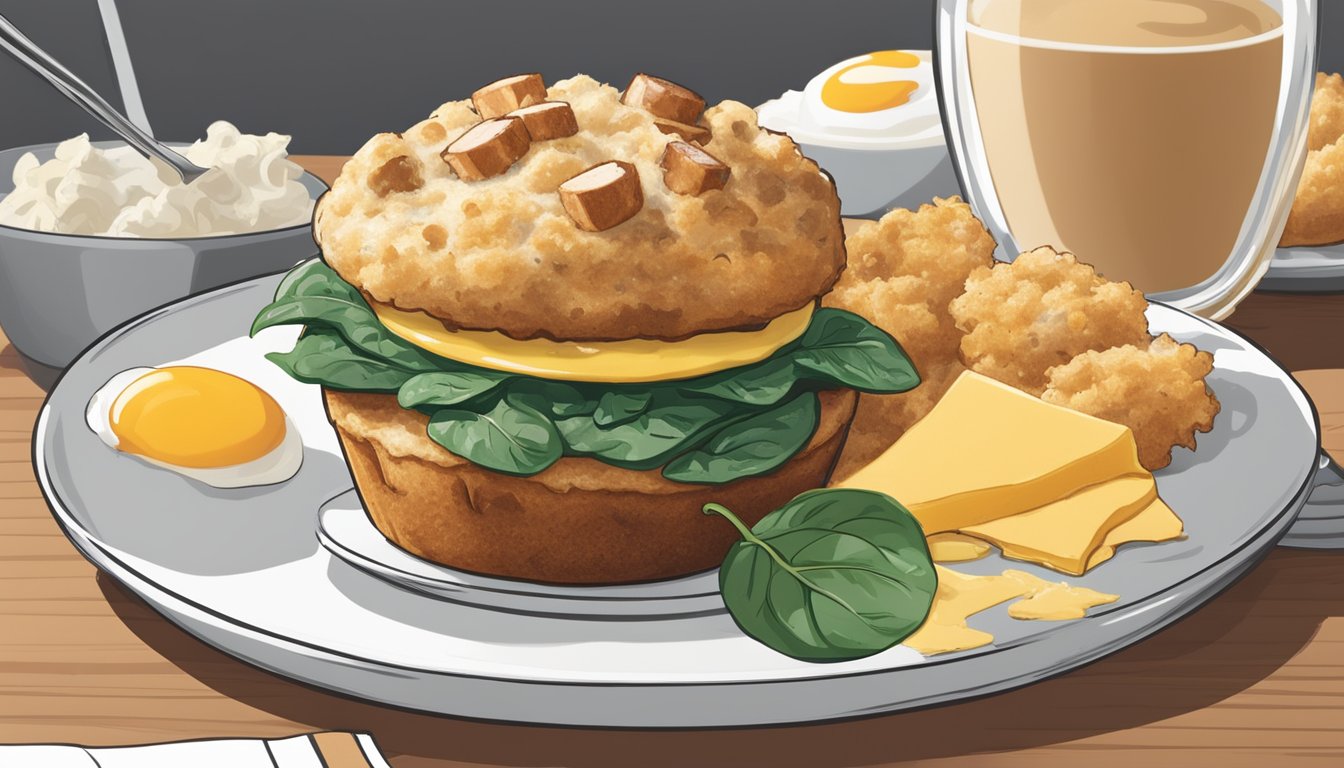 A breakfast muffin with sausage, egg, and cheese, topped with spinach, sits on a plate next to a menu listing 12 Chick-fil-A breakfast modifications