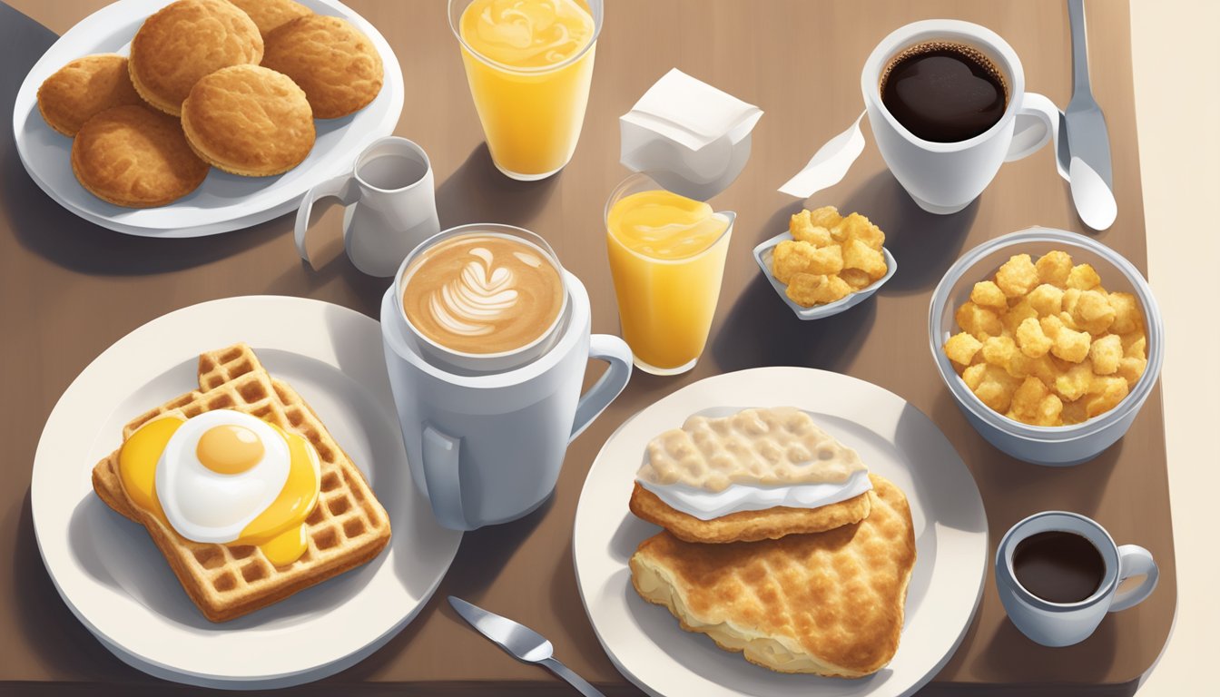 A sunny morning with a variety of Chick-fil-A breakfast items arranged on a table, including biscuits, chicken, eggs, and coffee