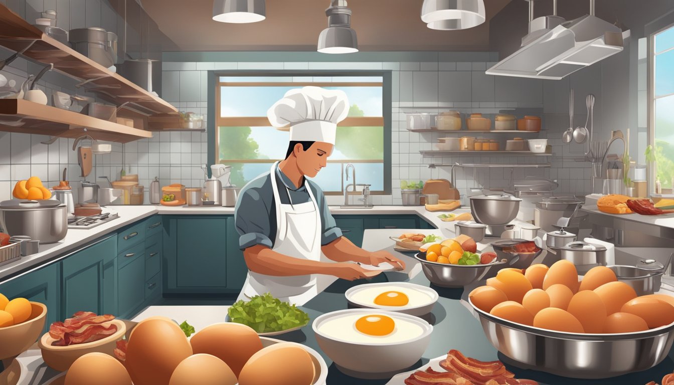 A bustling kitchen with fresh eggs, crispy bacon, and ripe fruit displayed on the counter, while a chef carefully selects premium ingredients for a breakfast menu