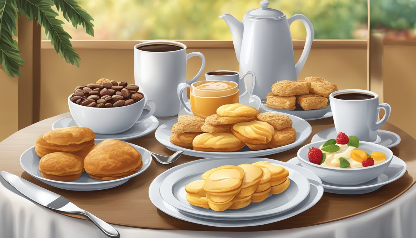 A table set with a variety of breakfast items, including chicken biscuits, fruit, and coffee, arranged in an appealing and appetizing display