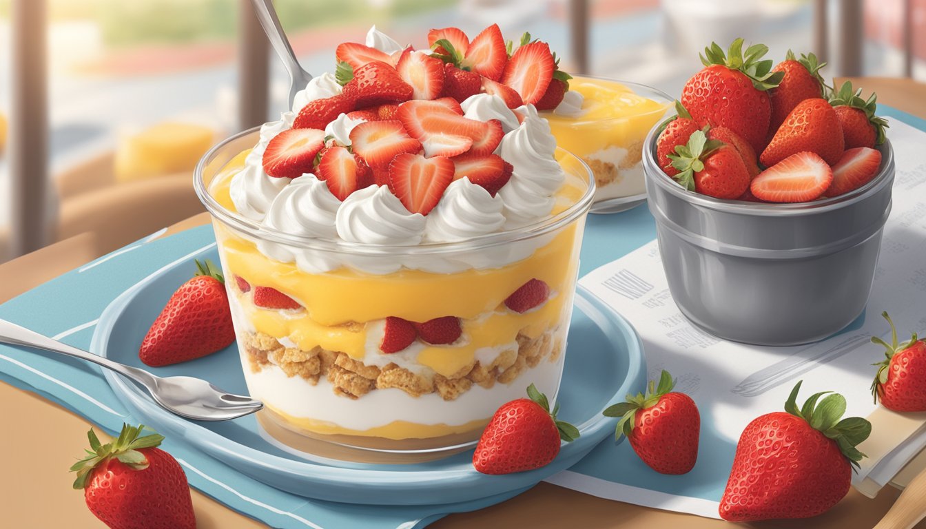 A parfait topped with vibrant fresh strawberries sits next to a menu featuring 12 Chick-fil-A breakfast menu modifications, creating an enticing and delicious scene