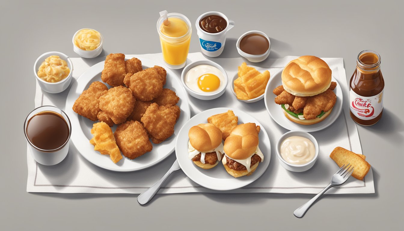 A plate of Chick-n-Minis with a drizzle of maple syrup, surrounded by other breakfast menu items from Chick-fil-A