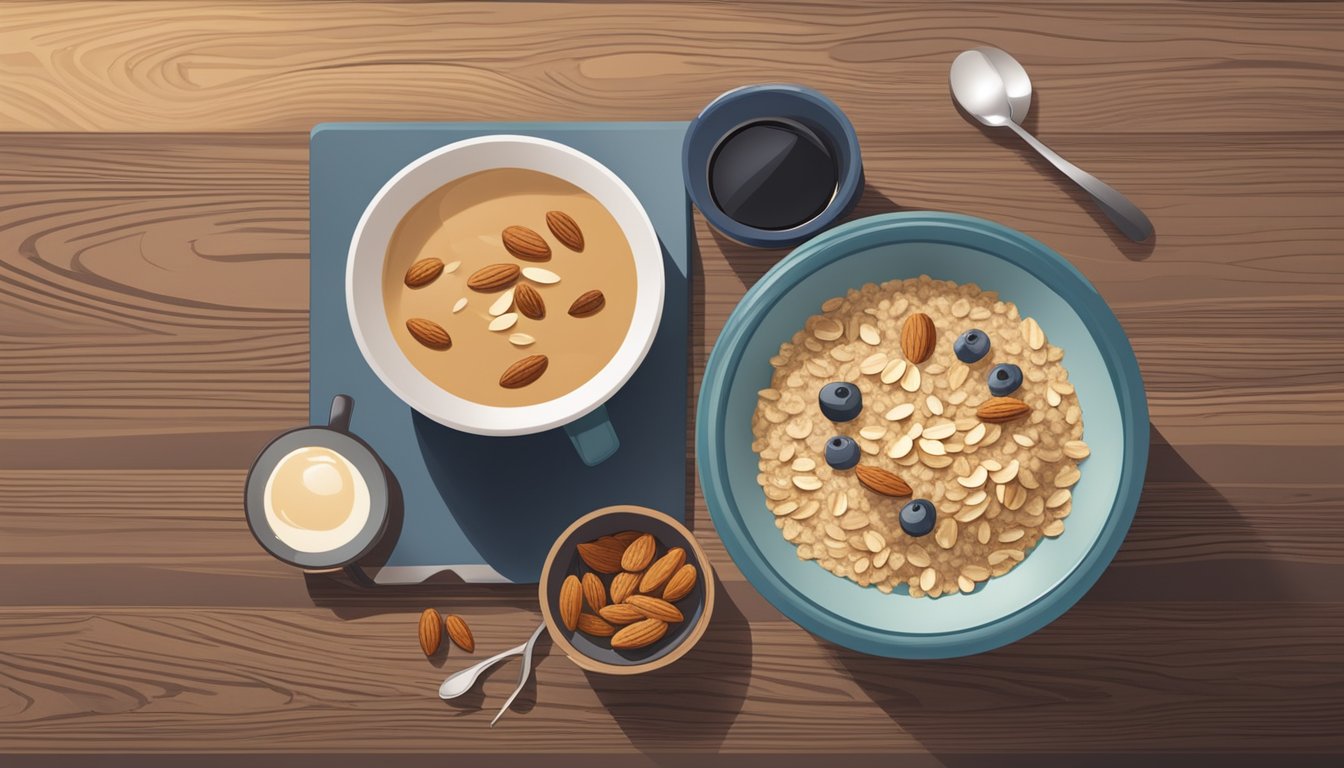 A bowl of multigrain oatmeal topped with almonds sits on a wooden table, surrounded by freshly cut fruit and a steaming cup of coffee