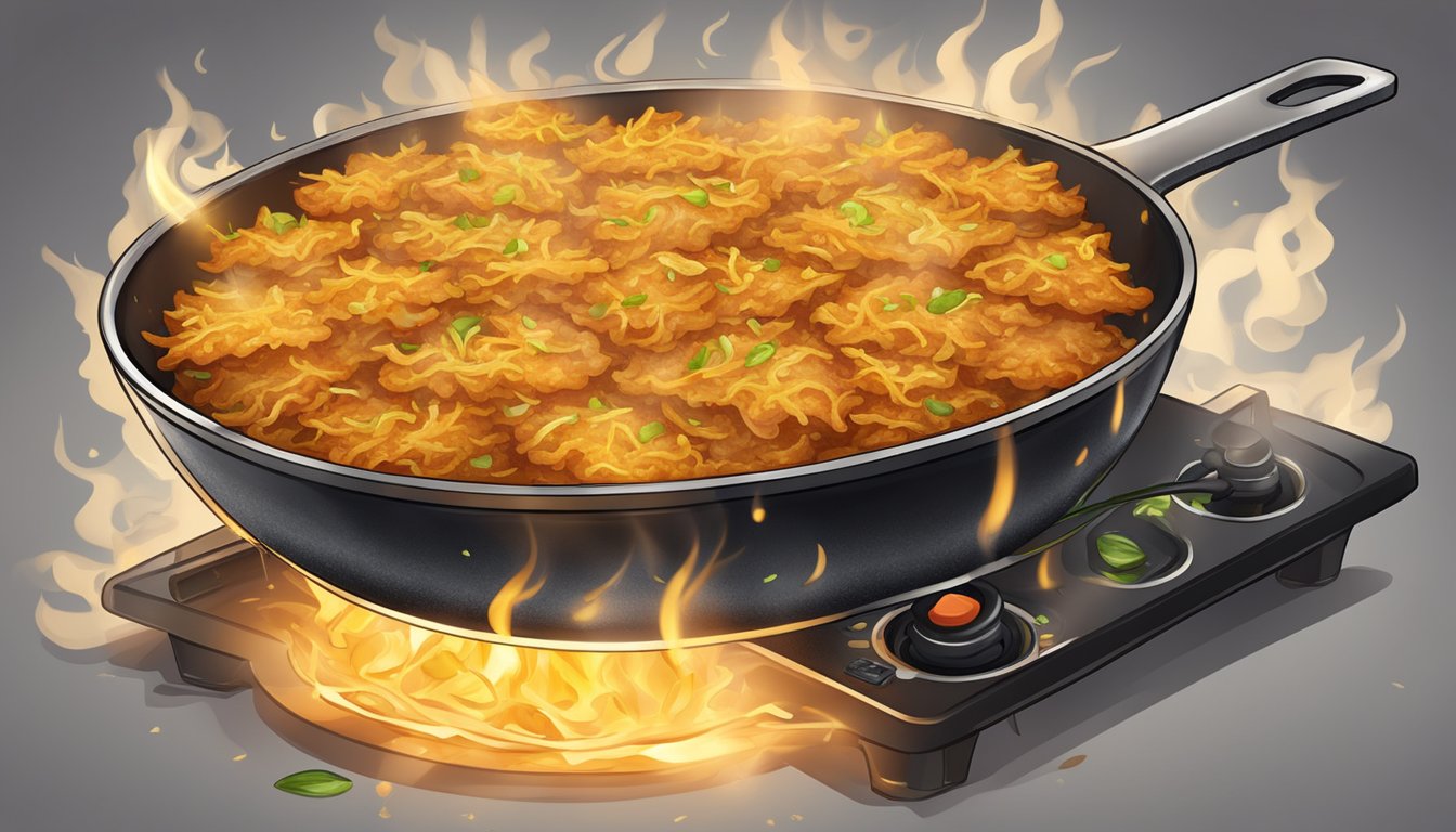 A sizzling hot skillet with golden, crispy hash browns, steam rising, surrounded by a halo of savory aroma