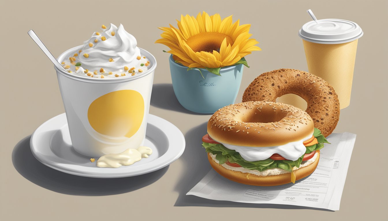 A sunflower multigrain bagel with cream cheese sits next to a Chick-fil-A breakfast menu, with various modifications and additions displayed