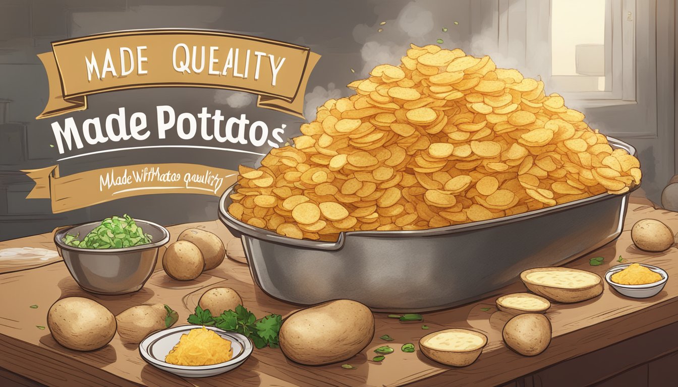 A golden pile of crispy hash browns with steam rising, surrounded by whole potatoes and a banner reading "Made with Quality Potatoes."