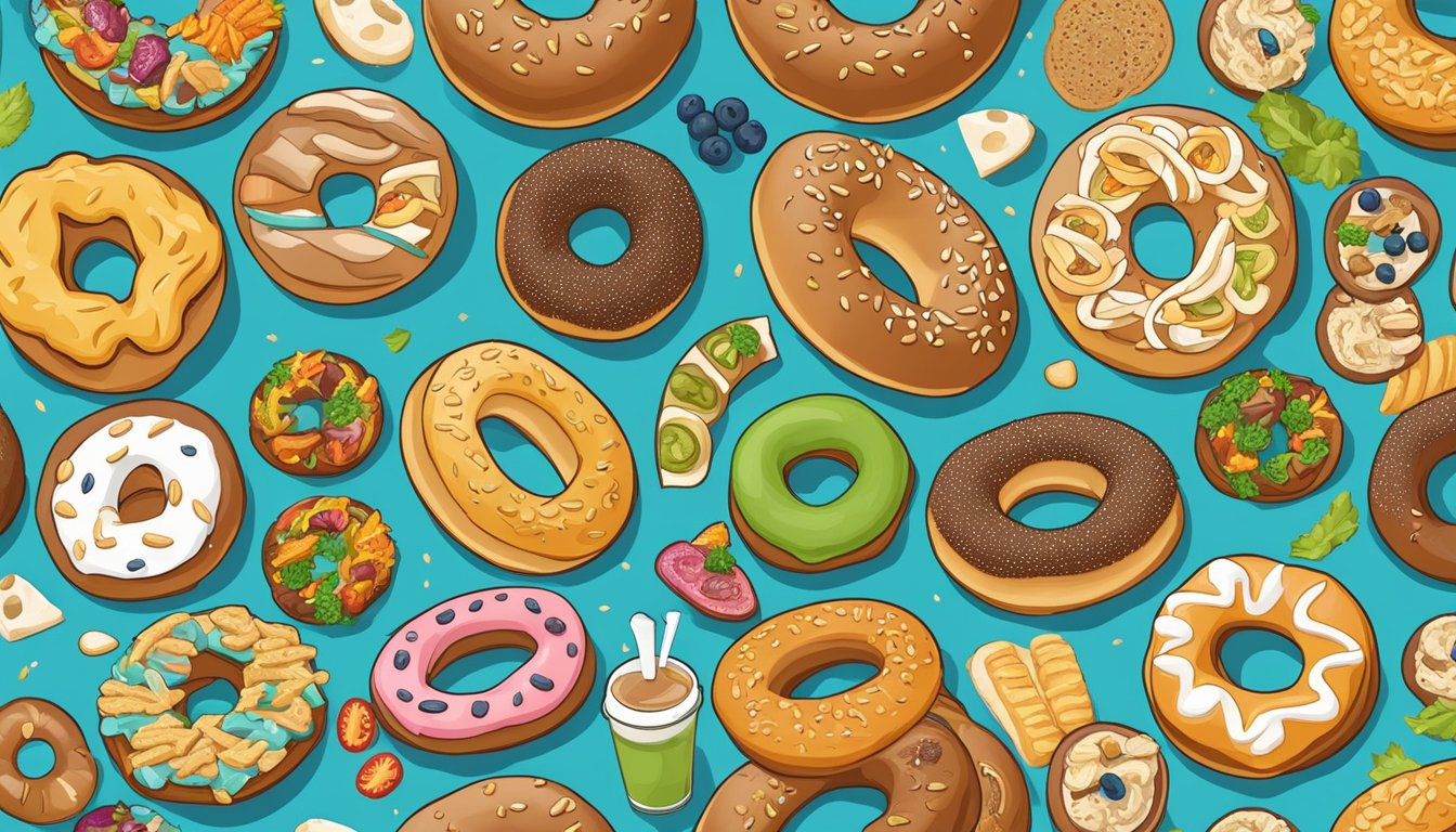 A colorful array of multigrain bagels arranged in a circular pattern, surrounded by various breakfast items from different fast food chains